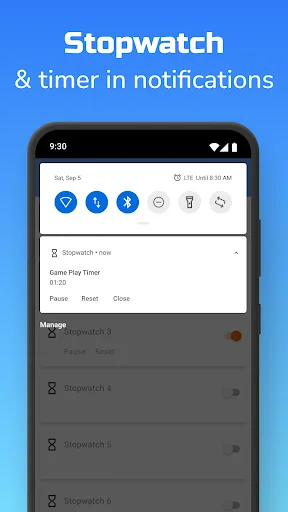 Android notification shade displaying stopwatch timer controls with pause, reset, and close action buttons