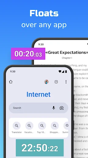 Stopwatch floating over reading app Great Expectations, demonstrating overlay timer functionality on any app screen