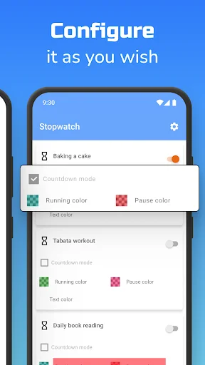 Configure stopwatch settings screen with customizable colors, countdown mode, and named timer options