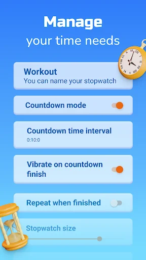 Timer management settings with workout naming, countdown mode, vibrate alerts, and repeat options
