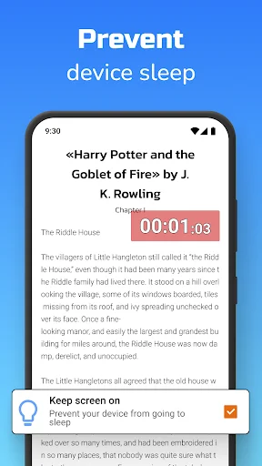 Floating timer overlay on Harry Potter ebook with keep screen on feature to prevent device sleep during reading