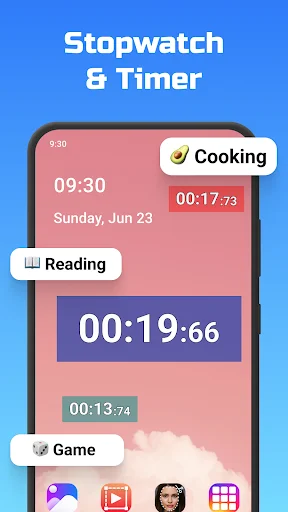 Multiple floating stopwatch timers labeled cooking, reading, and game displayed on Android phone home screen