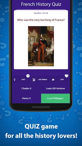 Quiz game asking Who was the very last king of France with multiple choice royal options and historical portrait image.