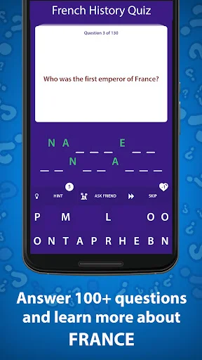 Quiz game asking Who was the first emperor of France with interactive letter scramble and word puzzle format.