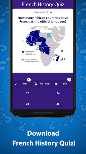 Map-based quiz question about African countries with French as official language with four numeric multiple choice options.