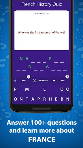 Quiz game asking Who was the first emperor of France with interactive letter scramble and word puzzle format.