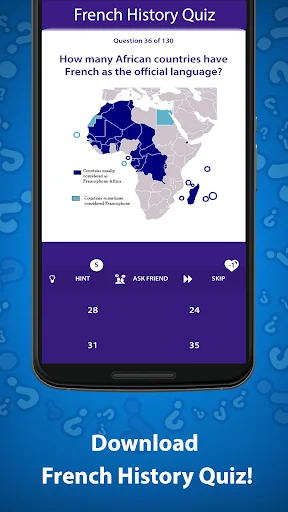 Map-based quiz question about African countries with French as official language with four numeric multiple choice options.