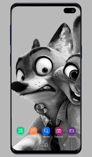 Funny Wallpaper app displaying animated black and white dog character on Android smartphone screen