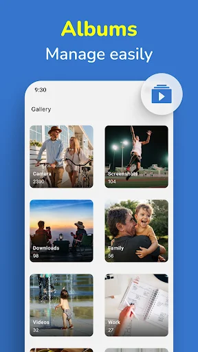 Albums screen in Gallery app displaying organized photo collections including screenshots, family, and videos