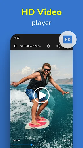 HD video player in Gallery app showing surfing video with playback controls and timeline