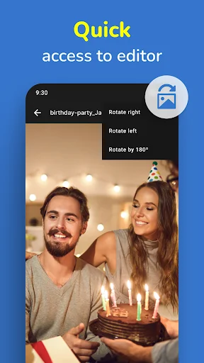 Quick photo editor access in Gallery app showing rotation options for birthday party image
