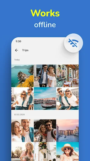 Gallery app offline mode displaying trips photo album organized by date with travel memories