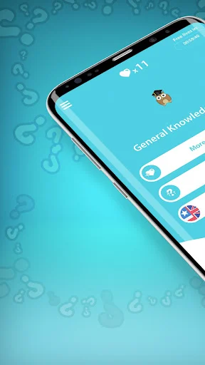 General Knowledge Quiz app mobile interface showing question marks, play options, and turquoise themed home screen