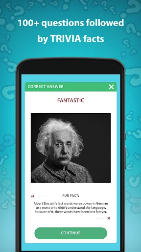 Correct answer screen showing FANTASTIC feedback with Albert Einstein fun fact and biography details