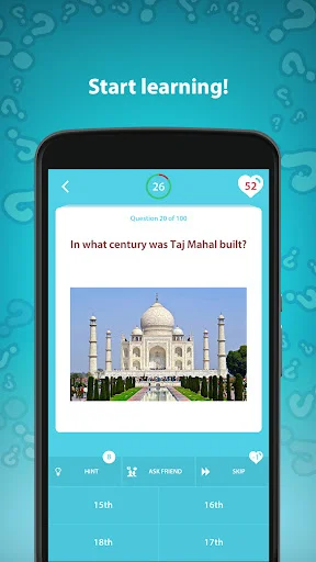 Taj Mahal century construction question with four multiple choice century options for quiz game