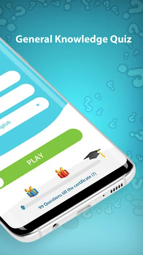 General Knowledge Quiz game home screen with green PLAY button and 50 beginner level questions available