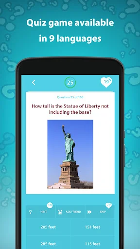 Statue of Liberty height question displaying four multiple choice foot measurement options