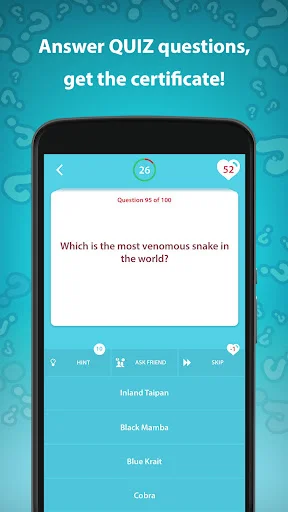 Most venomous snake trivia question with four answer options including Inland Taipan and Black Mamba