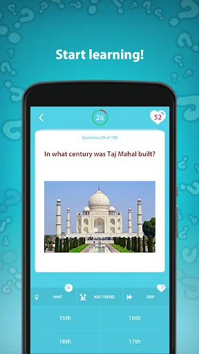 Taj Mahal century construction question with four multiple choice century options for quiz game