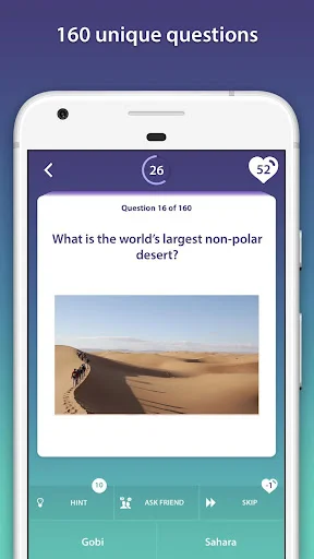 Quiz question card displaying 'What is the world's largest non-polar desert?' with desert landscape image, progress tracker, hint option, and multiple answer choices