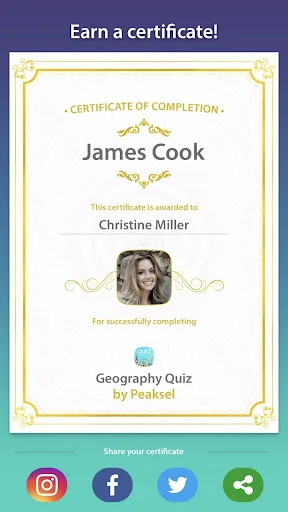 Geography Quiz completion certificate screen showing user achievement with profile photo and social sharing options for Instagram, Facebook, Twitter