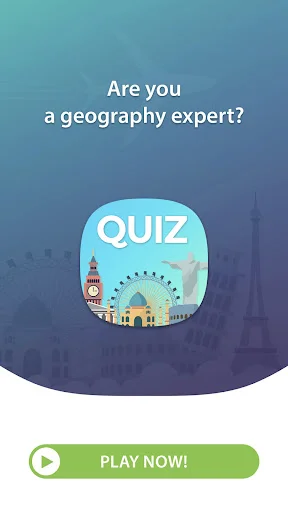 Geography Quiz Game Trivia welcome screen with 'Are you a geography expert?' title and green 'PLAY NOW!' button to start the quiz