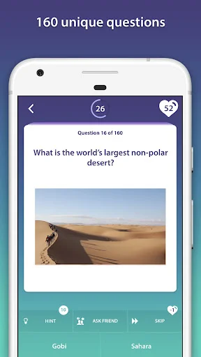 Geography quiz question 1 of 160: 'What is the world's largest non-polar desert?' with Sahara desert image and multiple answer options