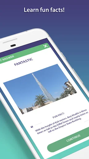 Educational fun facts screen displaying geographical information with 'FANTASTIC' rating and green 'CONTINUE' button