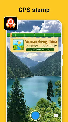 GPS stamp feature showing mountain lake photo with Sichuan China location watermark and coordinates overlay