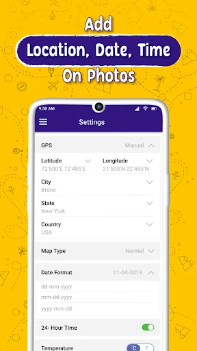 Settings screen for adding GPS location, date, time, coordinates and map type to photos