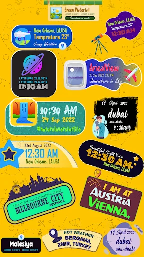 Collection of colorful geo tag sticker designs with locations, dates, times and weather info