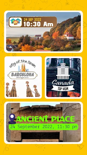 Photo gallery showing examples of geotagged images with location stamps for various destinations