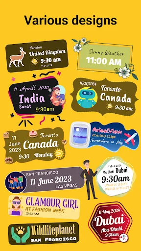 Various geo tag design templates grid showing location stamps for India, Canada, Dubai, San Francisco and more