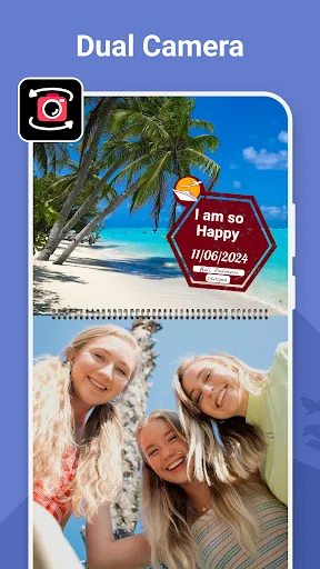 Dual camera feature showing beach scene and group photo combined with I am so Happy date stamp overlay