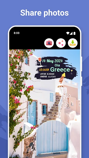 Share photos screen displaying Greece Oia photo with May 2024 location and time stamp watermark