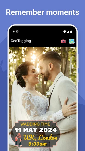 Remember moments feature showing wedding photo with UK London timestamp and date watermark overlay
