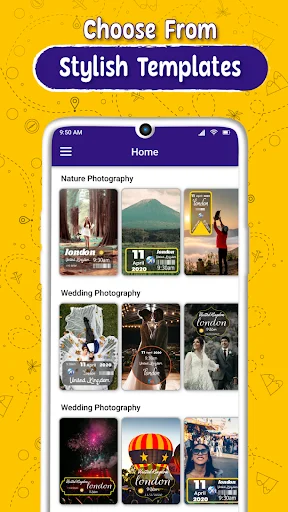 Stylish templates gallery showing nature and wedding photography geo tag design options