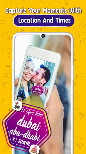 Capture moments screen showing hand holding photo frame with Dubai location and time stamp overlay