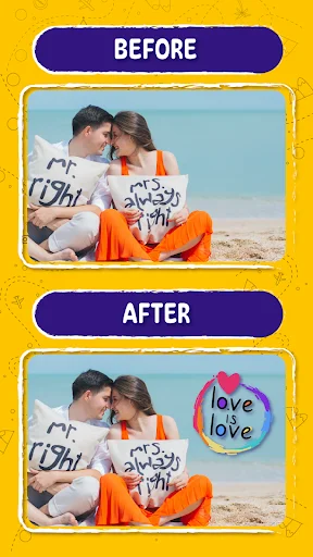 Before and after comparison showing couple photo with added love sticker and geo tag overlay