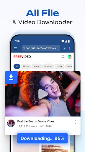 All File & Video Downloader app showing video download progress at 95% from FreeVideo website with download bar