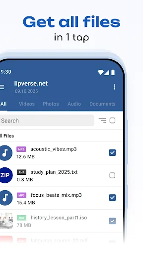 Browse and select multiple files by type to download in one tap with category filters for videos, audio, and documents