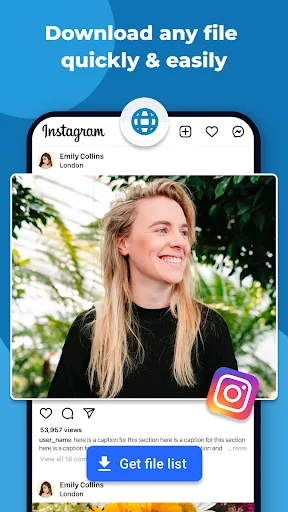Download files from social media platforms like Instagram instantly with one-tap file list and file access options