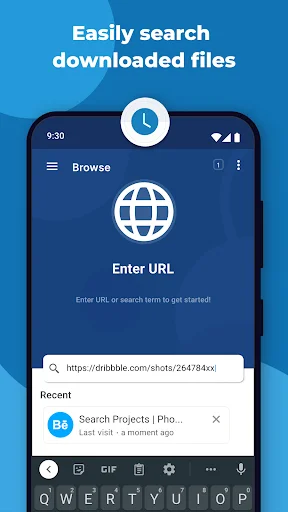 Search downloaded files by entering URL or search term with recent downloads history and keyboard input options displayed