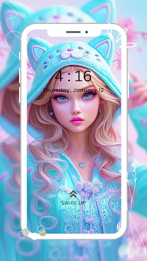 Anime girl wearing blue cat-ear hoodie with pink wavy hair girly wallpaper lock screen for smartphones