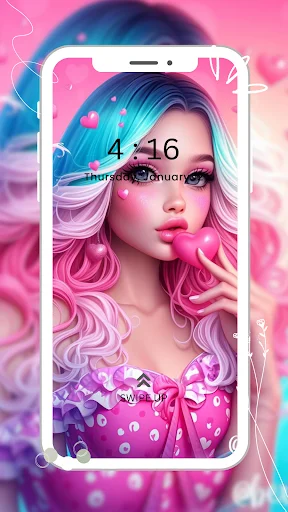 Pink and blue anime girl with wavy hair girly wallpaper lock screen personalization for smartphones