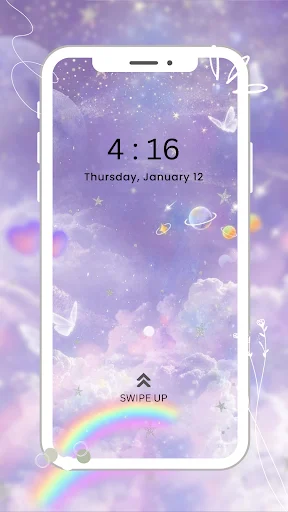 Celestial space-themed girly wallpaper with stars, planets, rainbow and clouds on mobile phone screen