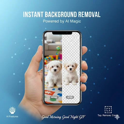 Instant background removal powered by AI Magic showing before and after transparent background effect on smartphone screen
