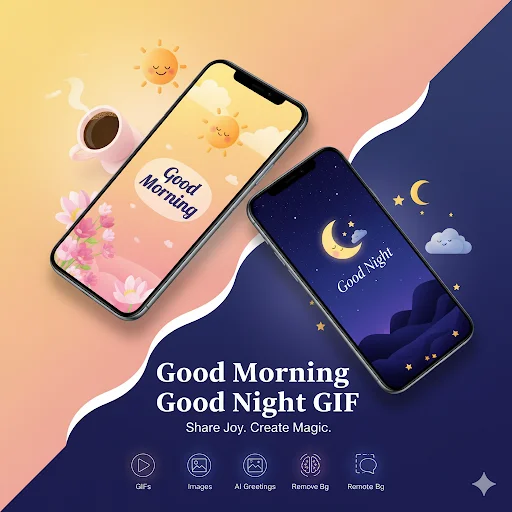 Dual phone display showing Good Morning and Good Night greetings with feature icons for GIFs, Images, and AI tools