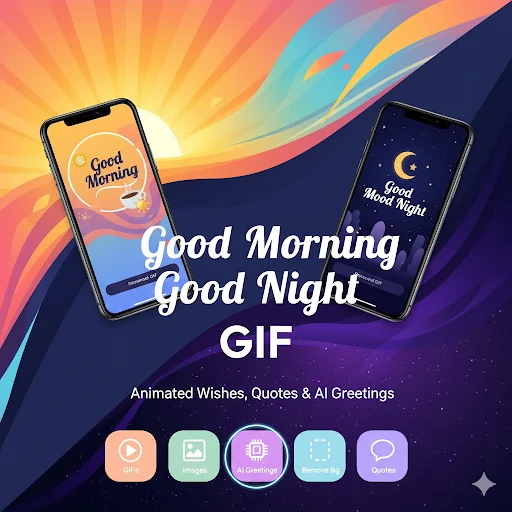 Good Morning Good Night GIF app featuring animated wishes, quotes, and AI greetings with colorful gradient backgrounds