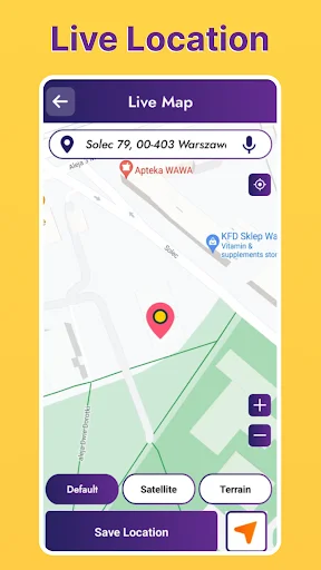 Live GPS location tracker displaying current coordinates with map view toggles and save location feature